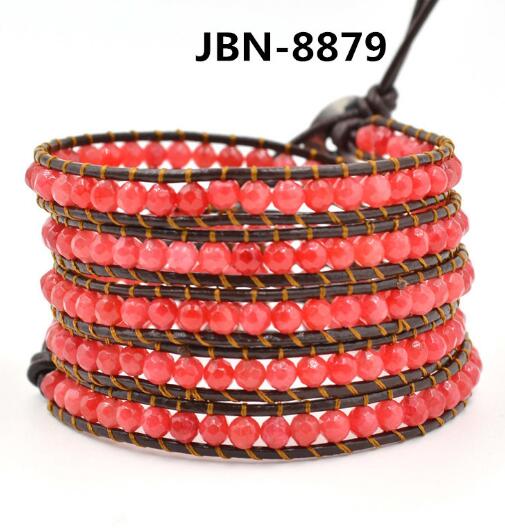 Wholesale red carnelian 5 wrap leather bracelet on brown leather