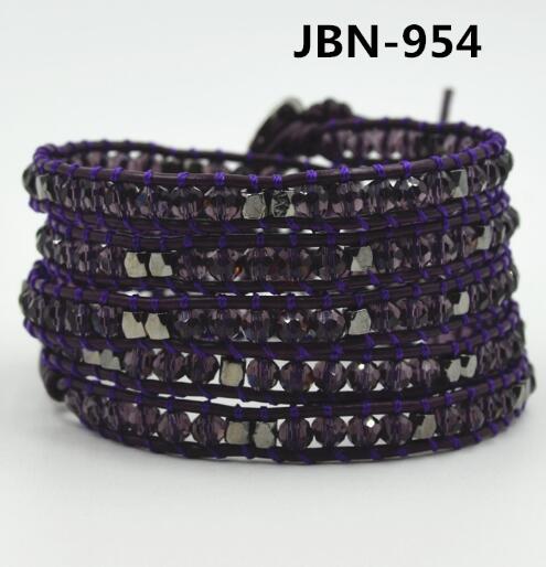 Wholesale purple crystal 5 wrap leather bracelet on purple leather