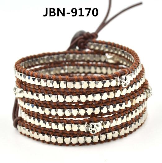 Wholesale plating silver crystal 5 wrap leather bracelet on brown leather