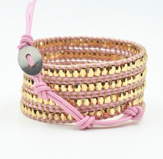 Wholesale plating gold crystal on pink color leather 5 wrap leather bracelet