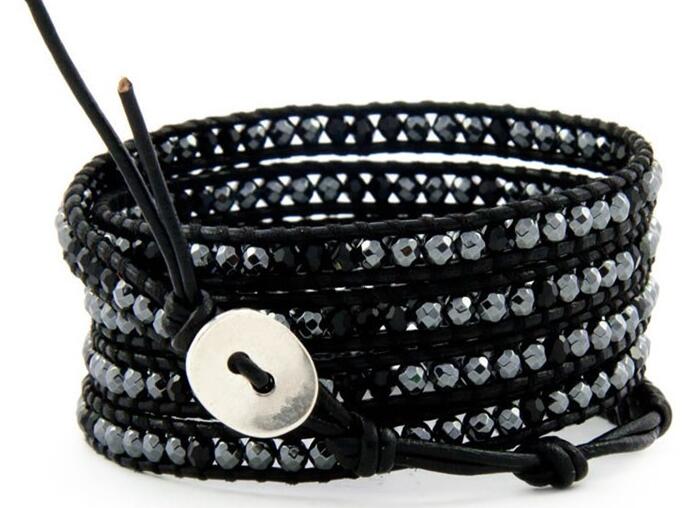 Wholesale plating black color crystal  5 wrap leather bracelet on black leather