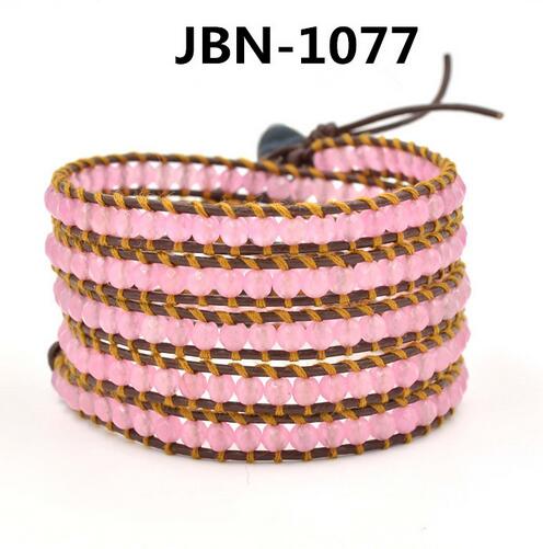 Wholesale pink color crystal 5 wrap leather bracelet on brown leather