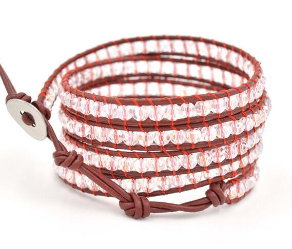 Wholesale pink color crystal  5 wrap leather bracelet on red leather