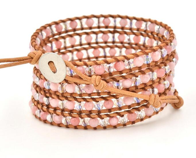 Wholesale pink and white color crystal 5 wrap leather bracelet