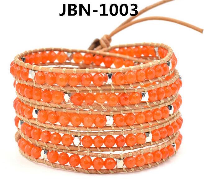 Wholesale orange color stone 5 wrap leather bracelet