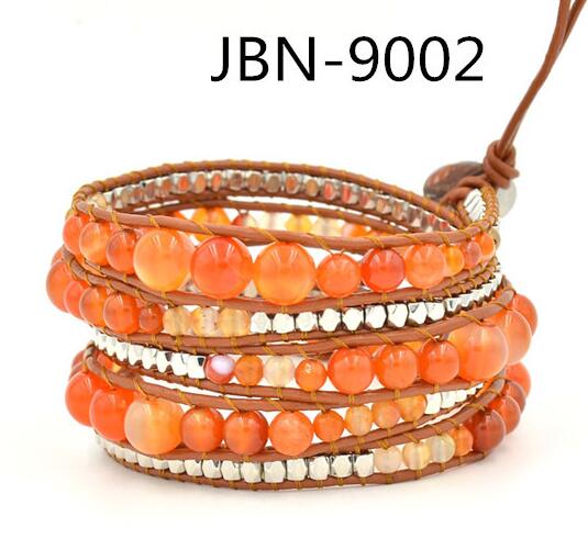 Wholesale orange color stone 5 wrap leather bracelet on brown leather 