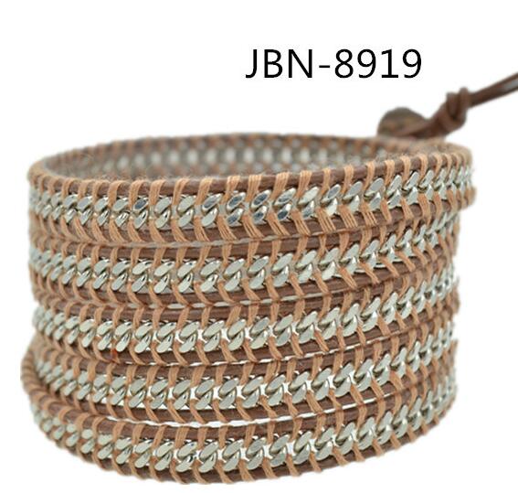 Wholesale metal chain wrap bracelet on brown leather