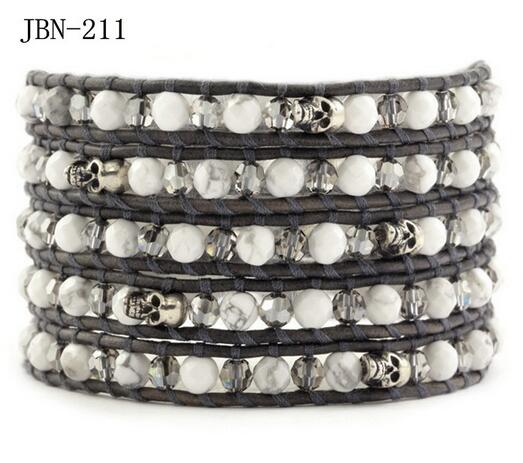 Wholesale grey stone and crystal 5 wrap leather bracelet on grey leather