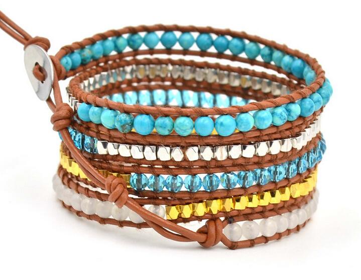 Wholesale green turquoise and silver and gold color  5 wrap leather bracelet