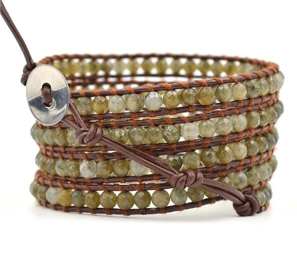 Wholesale green stone 5 wrap leather bracelet