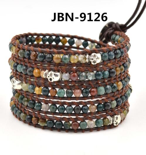 Wholesale colorful stone  5 wrap leather bracelet on brown leather