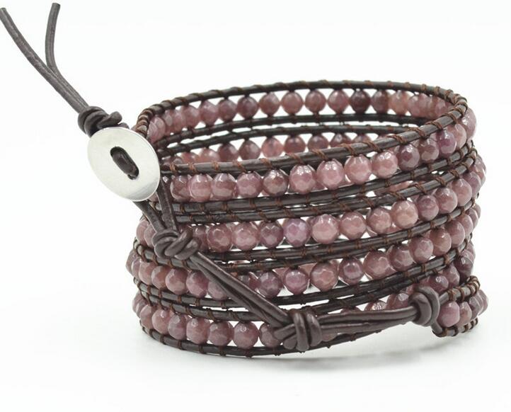 Wholesale brown stone 5 wrap leather bracelet on brown leather