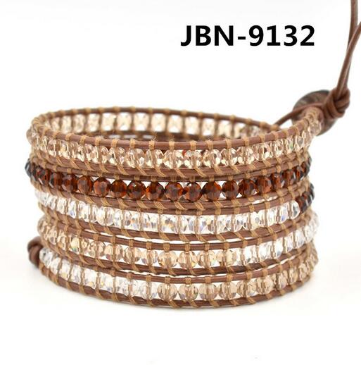 Wholesale brown crystal and white crystal  5 wrap leather bracelet on brown leather