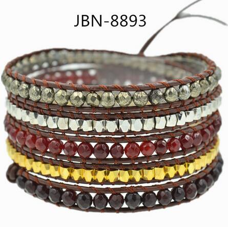Wholesale brown color stone and plating gold bead 5 wrap leather bracelet
