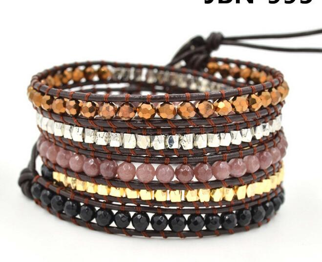 Wholesale brown color and gold color 5 wrap leather bracelet