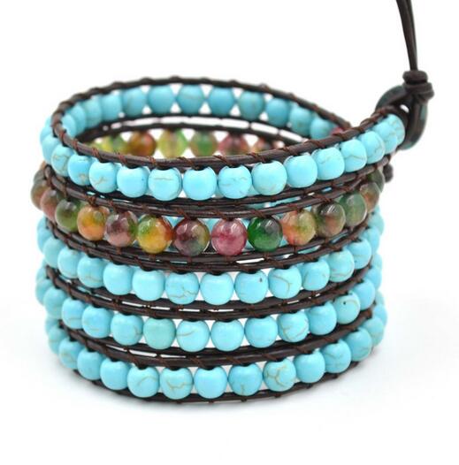 Wholesale blue turquoise and stone 5 wrap leather bracelet on brown leather