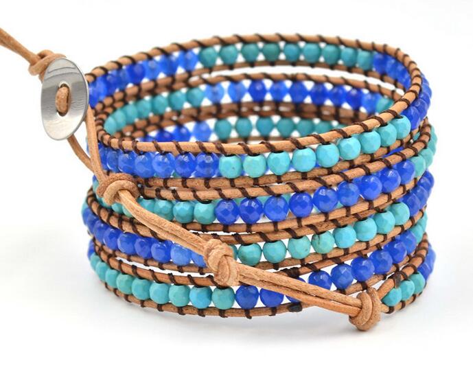 Wholesale blue color turquoise and blue bead  5 wrap leather bracelet