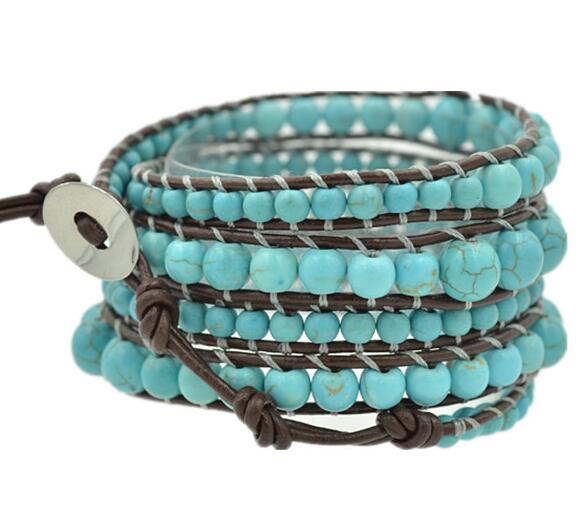 Wholesale blue color turquoise  5 wrap leather bracelet