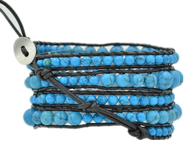Wholesale blue color turquoise  5 wrap leather bracelet