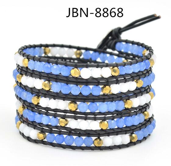 Wholesale blue color stone 5 wrap leather bracelet