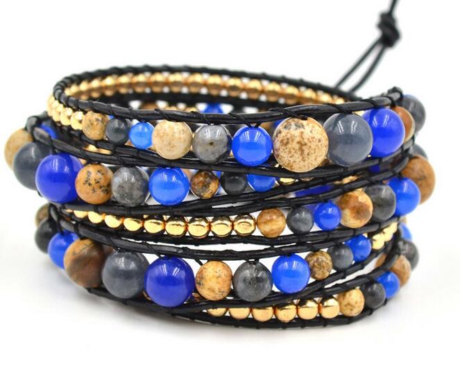 Wholesale blue color stone 5 wrap leather bracelet on black leather