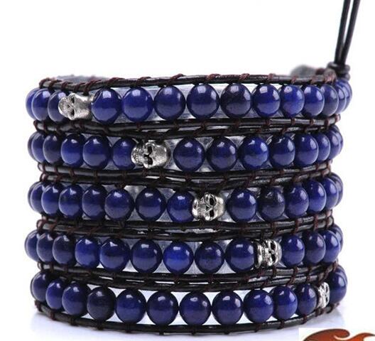 Wholesale blue carnelian 5 wrap leather bracelet