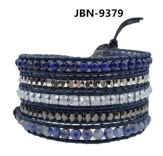 Wholesale blue carnelian 5 wrap leather bracelet on blue leather