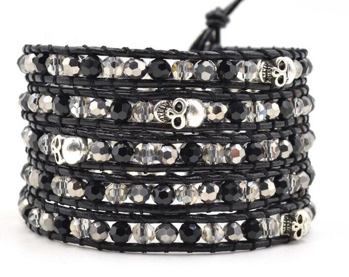 Wholesale black color carnelian and skeleton  5 wrap leather bracelet