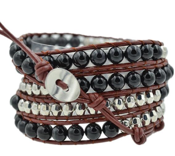 Wholesale black color carnelian and plating silver crystal  5 wrap leather bracelet