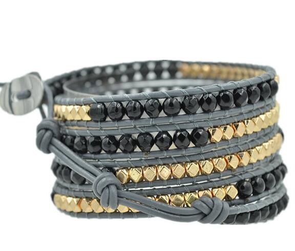 Wholesale black color carnelian and plating gold color  5 wrap leather bracelet