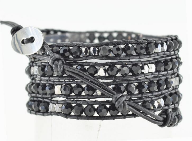 Wholesale black color carnelian 5 wrap leather bracelet on black leather