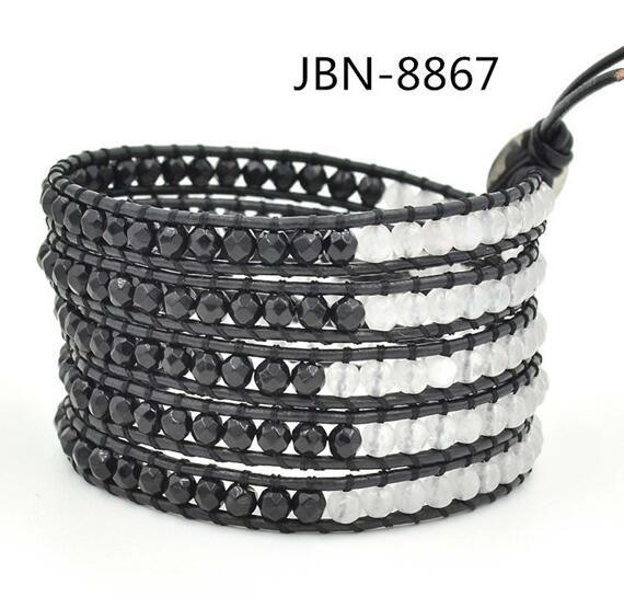 Wholesale black carnelian and white crystal 5 wrap leather bracelet