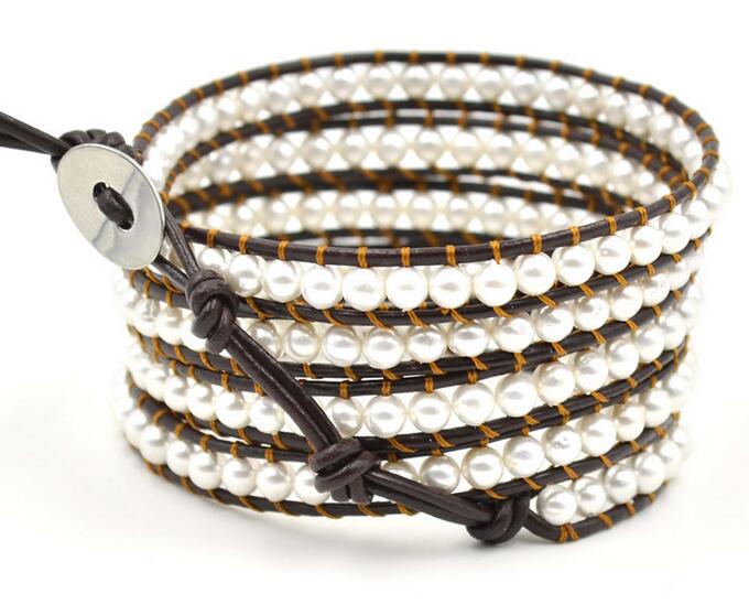 Wholesale white color pearl 5 wrap leather bracelet/
