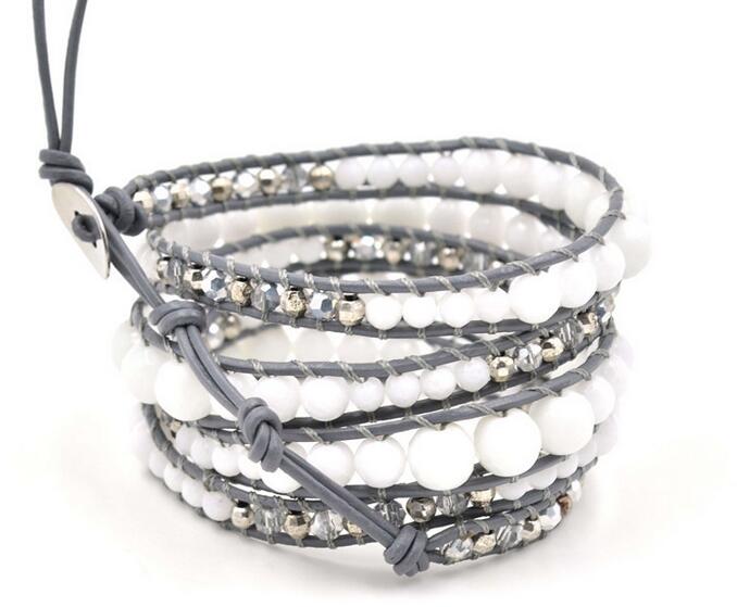 Wholesale white color bead 5 wrap leather bracelet