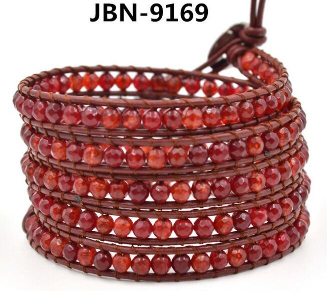 Wholesale red stone 5 wrap leather bracelet