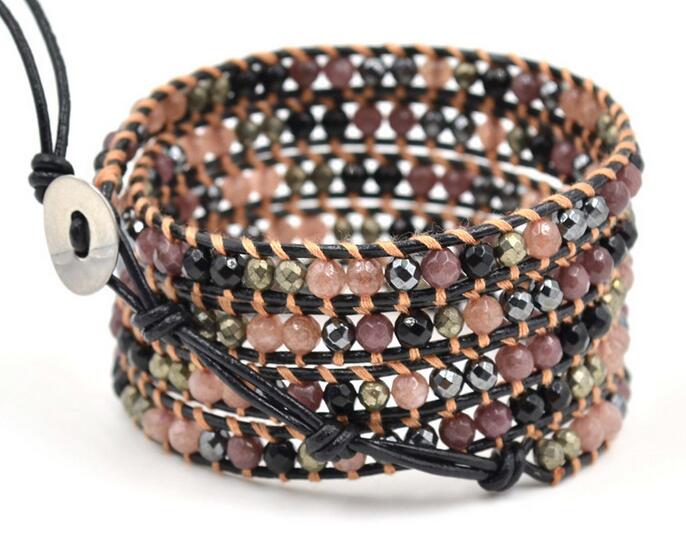 Wholesale purple color crystal 5 wrap leather bracelet