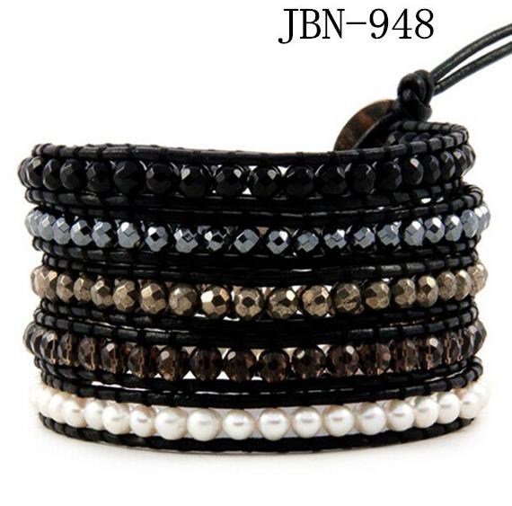 Wholesale plating black crystal and white pearl 5 wrap leather bracelet