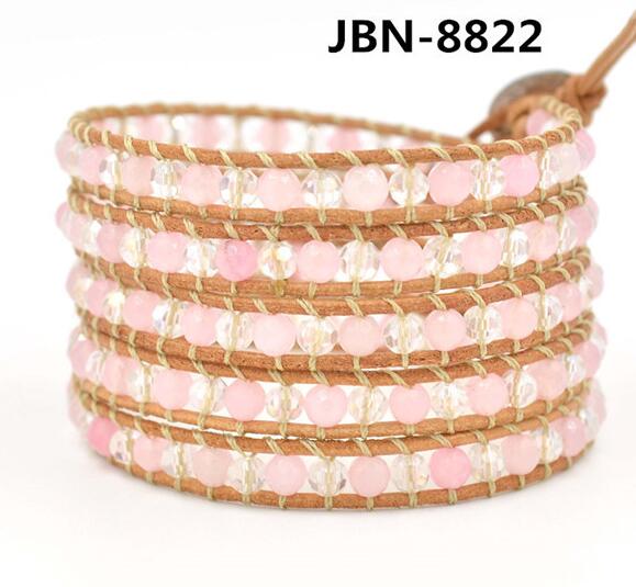 Wholesale pink color crystal 5 wrap leather bracelet