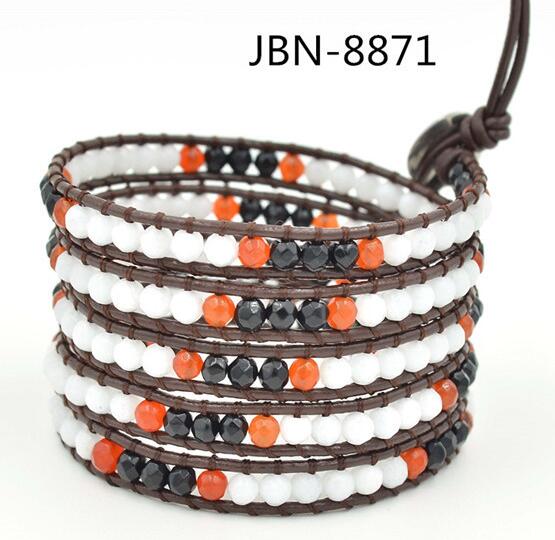 Wholesale orange and white color carnelian 5 wrap leather bracelet
