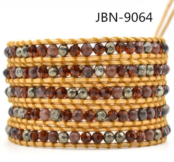 Wholesale brown color crystal 5 wrap leather bracelet