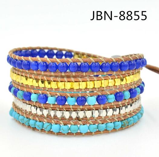 Wholesale blue color carnelian 5 wrap leather bracelet