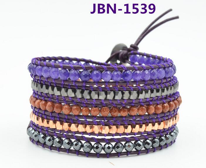 Wholesale blue and black bead 5 wrap leather bracelet