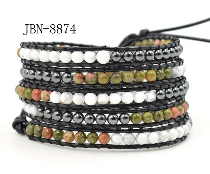 Wholesale black color crystal and white color 5 wrap leather bracelet