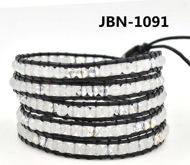 Wholesale white color crystal 5 wrap leather bracelet on black leather
