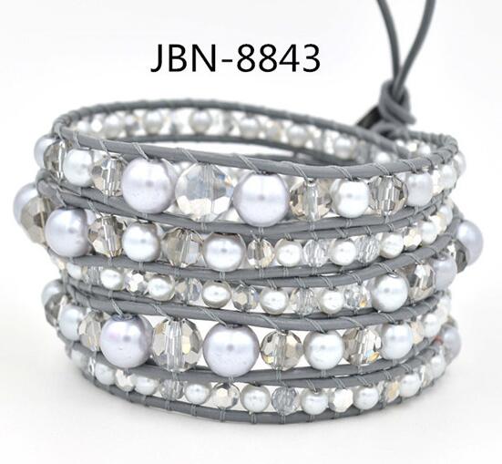 Wholesale silver color pearl 5 wrap leather bracelet on grey leather