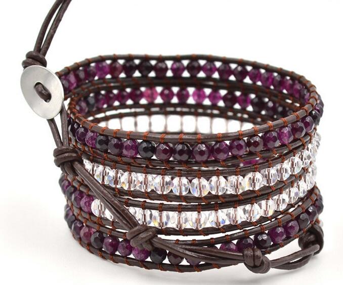 Wholesale purple color carnelian and white crystal 5 wrap leather bracelet