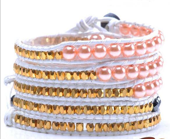 Wholesale plating gold color crystal and pink pearl 5 wrap leather bracelet