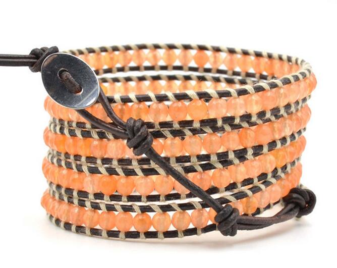 Wholesale orange color crystal 5 wrap leather bracelet