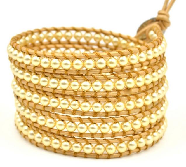 Wholesale gold color pearl  5 wrap leather bracelet