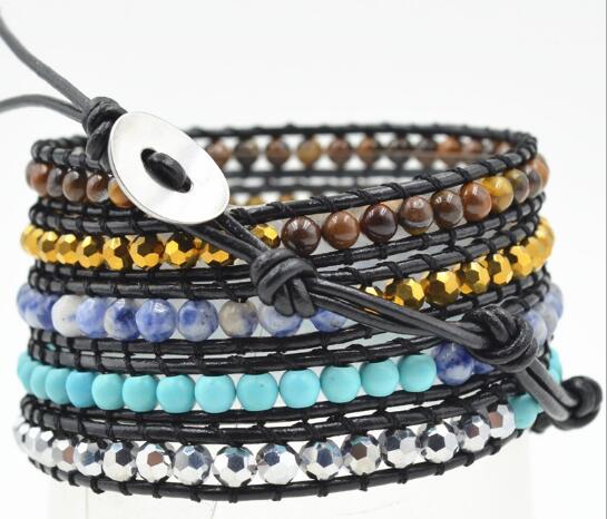 Wholesale blue color turquoise 5 wrap leather bracelet
